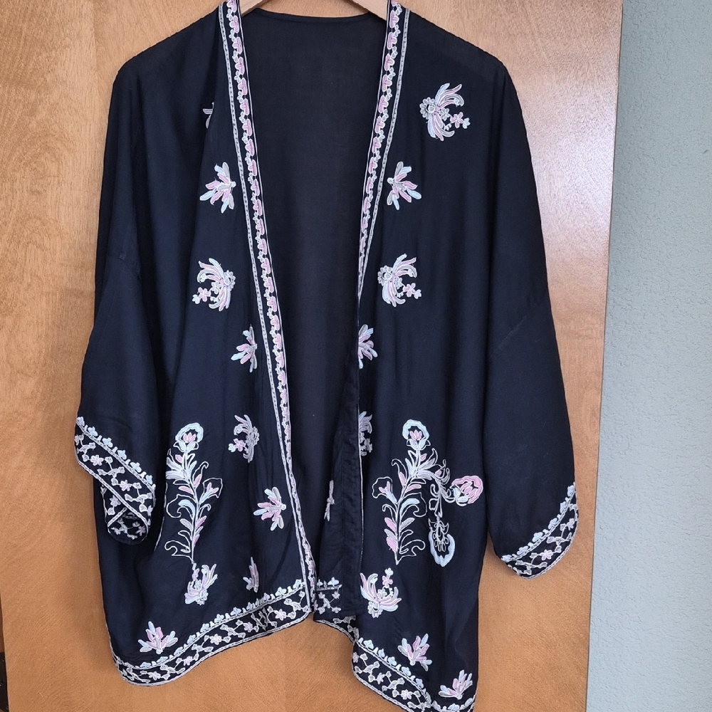 JJill Embroidered Navy  Kimono Topper